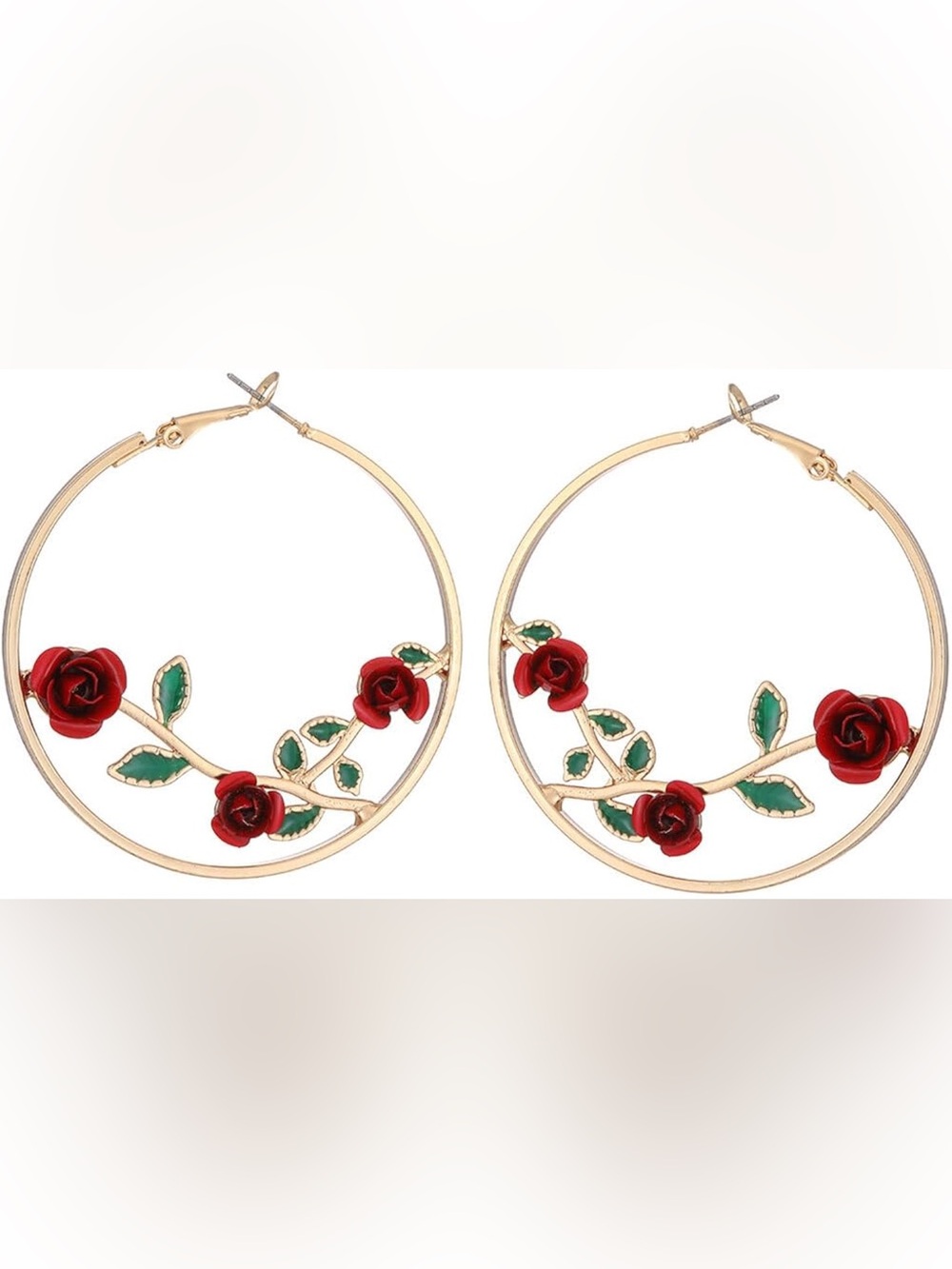 Gold Hoop Statement Earrings Red Rose Floral Boho Bold Romantic Jewelry - Picture 2 of 6